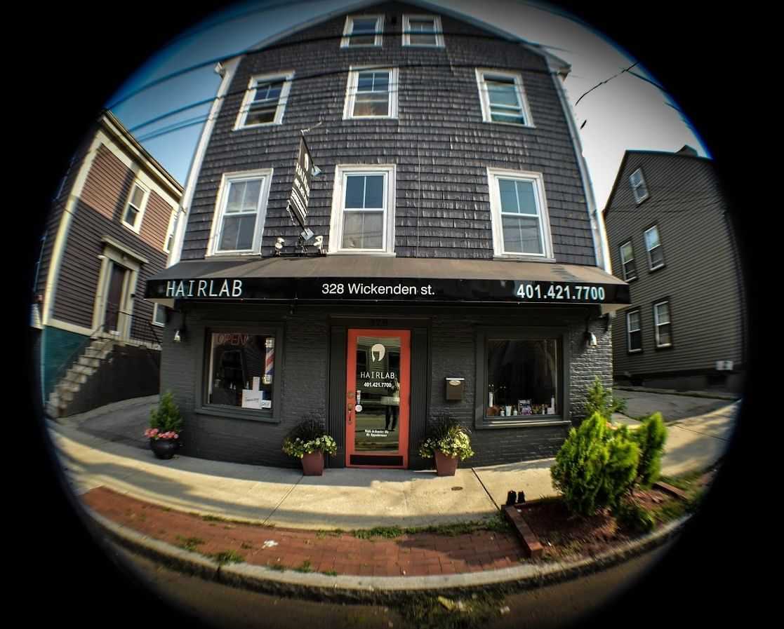 Exterior view of Hair Lab salon on Wickenden Street, featuring contact information.
